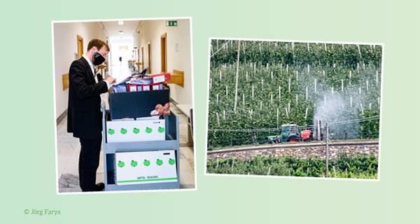 Links: Karl Bär mit den Papier-Betriebsheften. Rechts: Pestizideinsatz in Südtirol. Photos: Jörg Farys