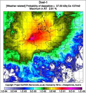 Wetterbedingtes Risiko einer Kontamination über 37 Kilobecquerel per m2 Cs-137 für Europa (Quelle: flexRISK)